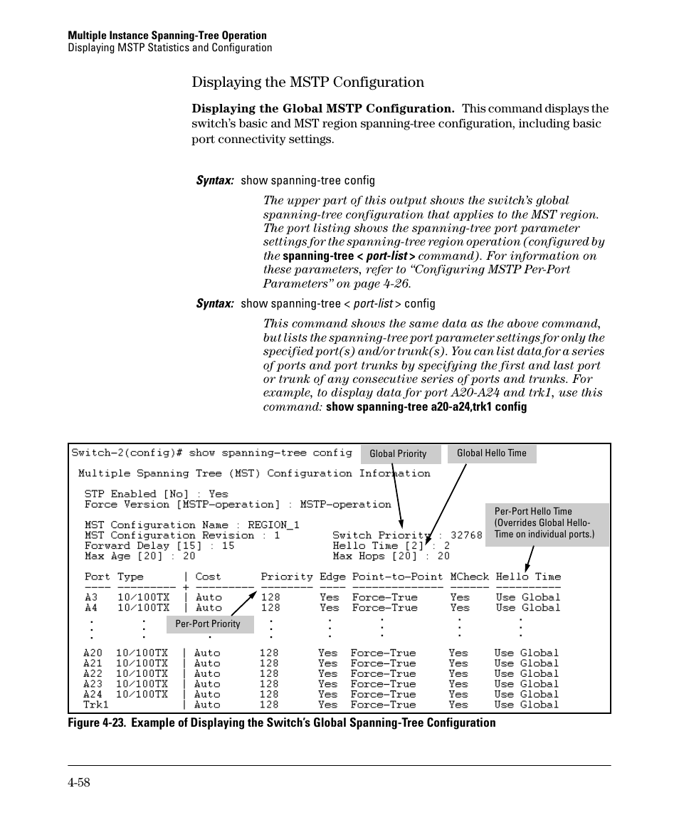 Displaying the mstp configuration, Displaying the mstp configuration -58 | HP 5400ZL User Manual | Page 180 / 450