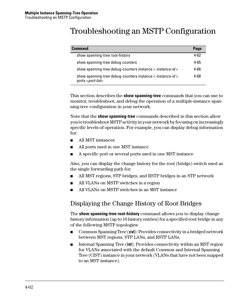 Troubleshooting an mstp configuration, Displaying the change history of root bridges, Displaying the change history of root bridges -62 | HP 5400ZL User Manual | Page 184 / 450