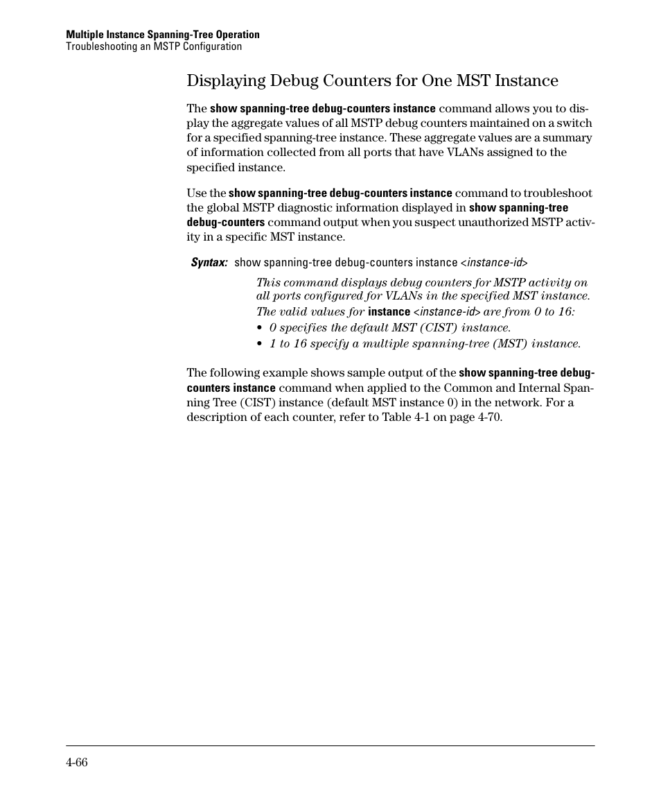 Displaying debug counters for one mst instance, Displaying debug counters for one mst instance -66 | HP 5400ZL User Manual | Page 188 / 450