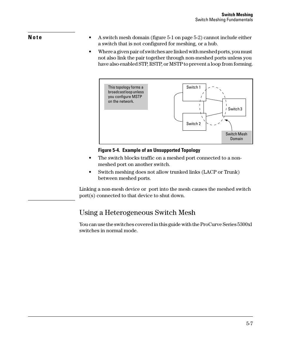 Using a heterogeneous switch mesh, Using a heterogeneous switch mesh -7 | HP 5400ZL User Manual | Page 205 / 450