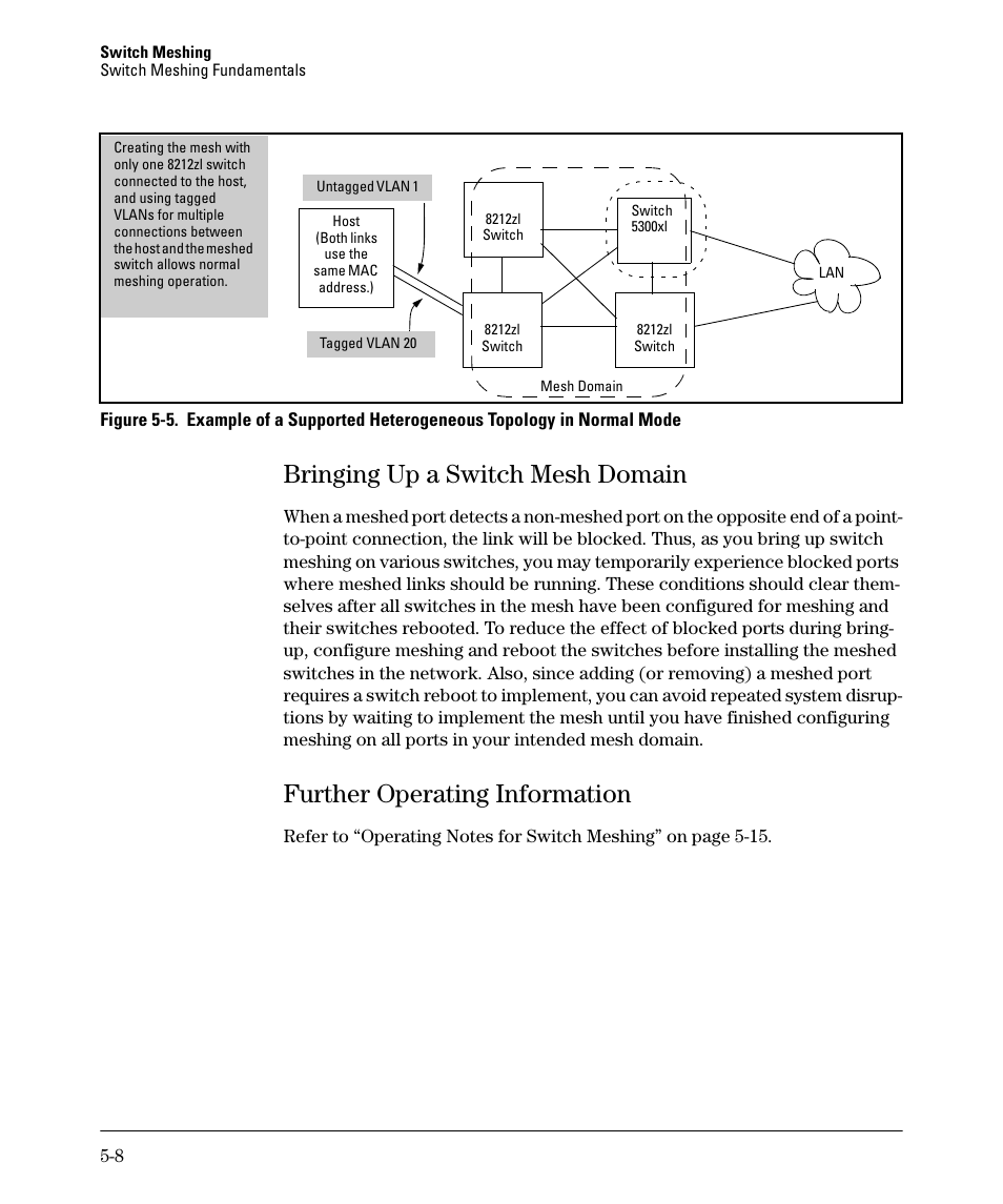 Bringing up a switch mesh domain, Further operating information, Bringing up a switch mesh domain -8 | Further operating information -8 | HP 5400ZL User Manual | Page 206 / 450