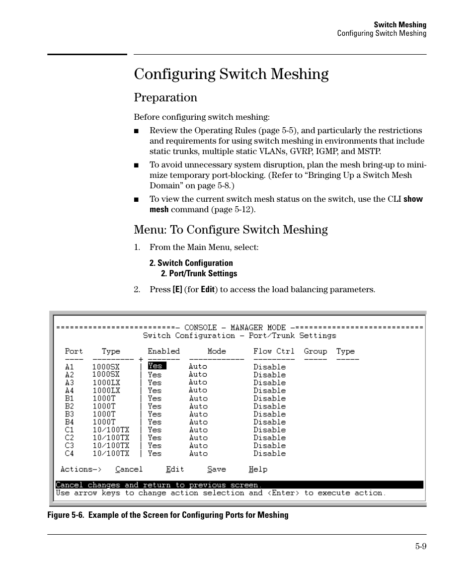 Configuring switch meshing, Preparation, Menu: to configure switch meshing | Preparation -9, Menu: to configure switch meshing -9 | HP 5400ZL User Manual | Page 207 / 450