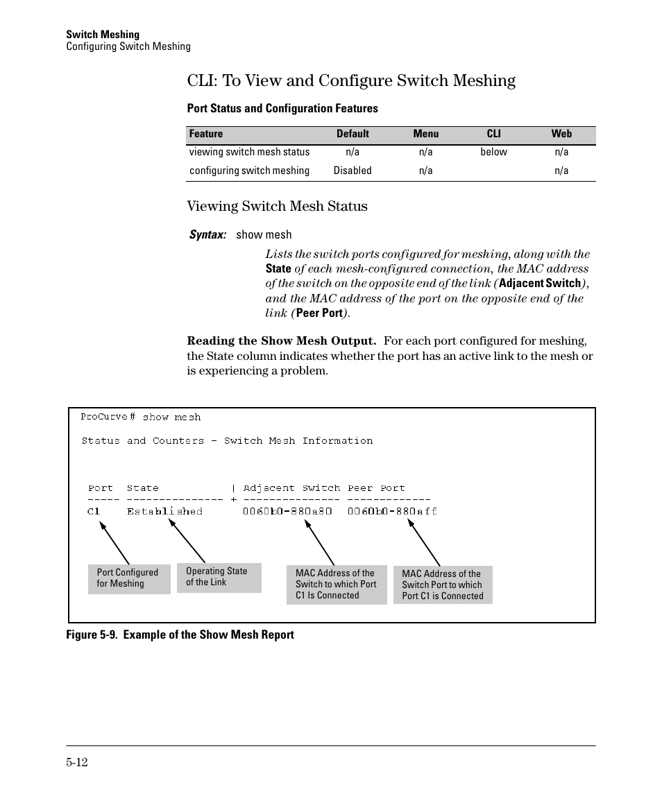 Cli: to view and configure switch meshing, Viewing switch mesh status, Cli: to view and configure switch meshing -12 | Viewing switch mesh status -12 | HP 5400ZL User Manual | Page 210 / 450