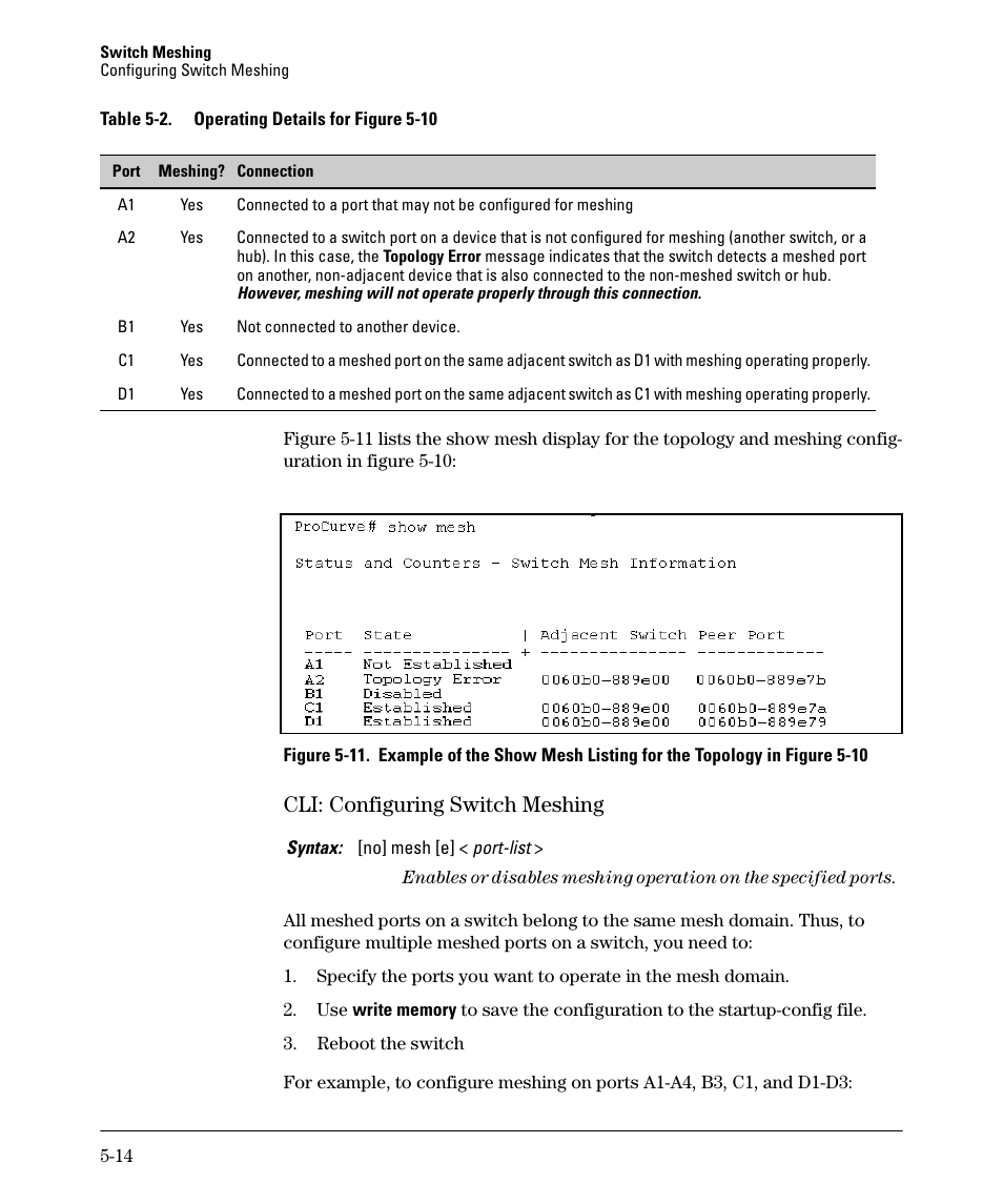 Cli: configuring switch meshing, Cli: configuring switch meshing -14 | HP 5400ZL User Manual | Page 212 / 450