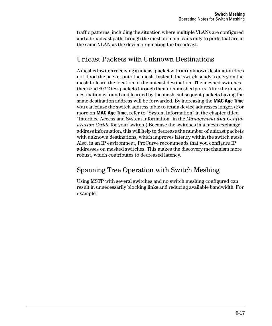 Unicast packets with unknown destinations, Spanning tree operation with switch meshing, Unicast packets with unknown destinations -17 | Spanning tree operation with switch meshing -17 | HP 5400ZL User Manual | Page 215 / 450