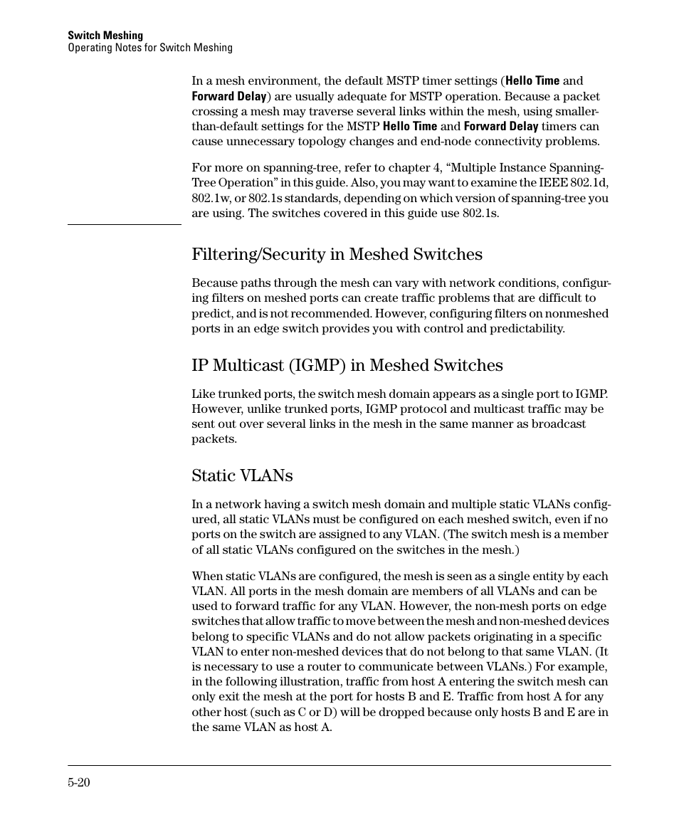 Filtering/security in meshed switches, Ip multicast (igmp) in meshed switches, Static vlans | Filtering/security in meshed switches -20, Ip multicast (igmp) in meshed switches -20, Static vlans -20 | HP 5400ZL User Manual | Page 218 / 450