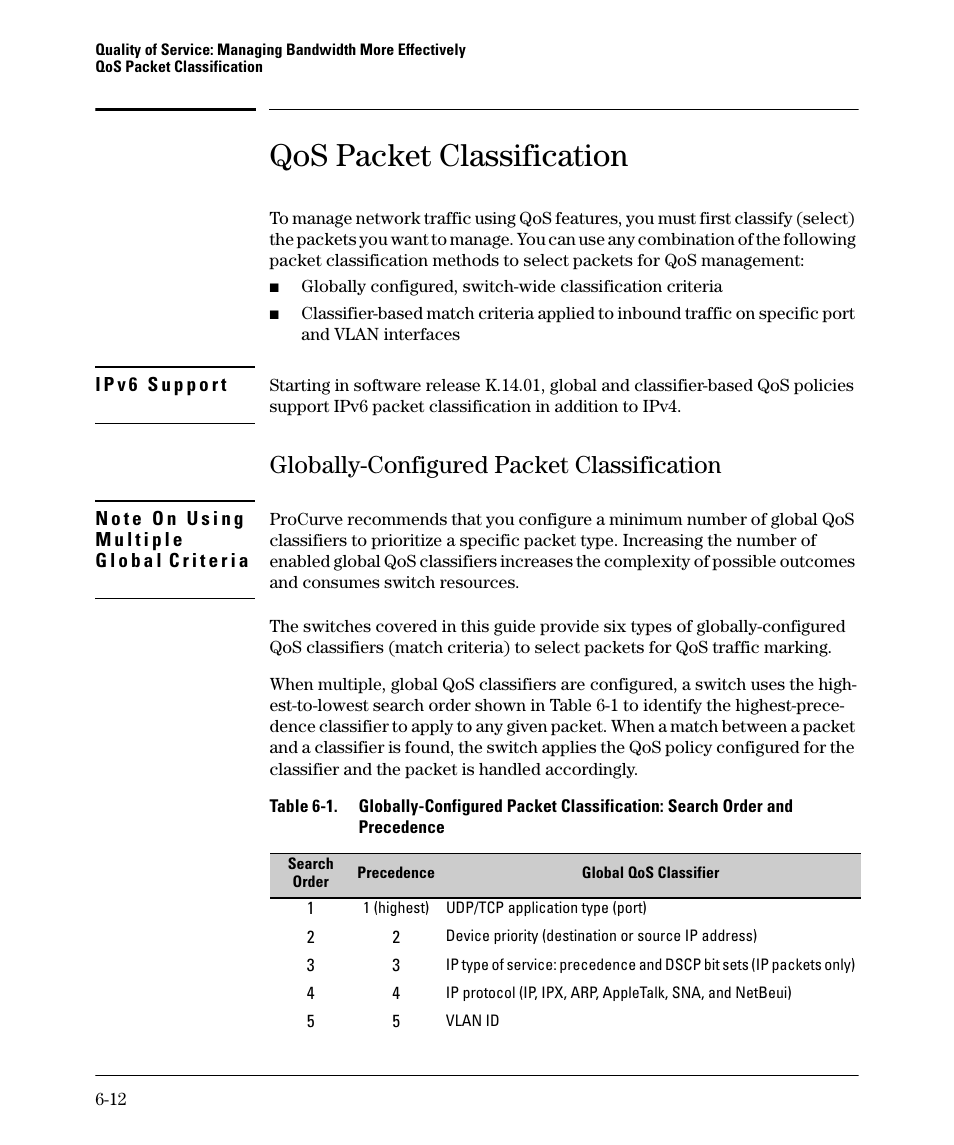 Qos packet classification, Globally-configured packet classification, Globally-configured packet classification -12 | HP 5400ZL User Manual | Page 234 / 450