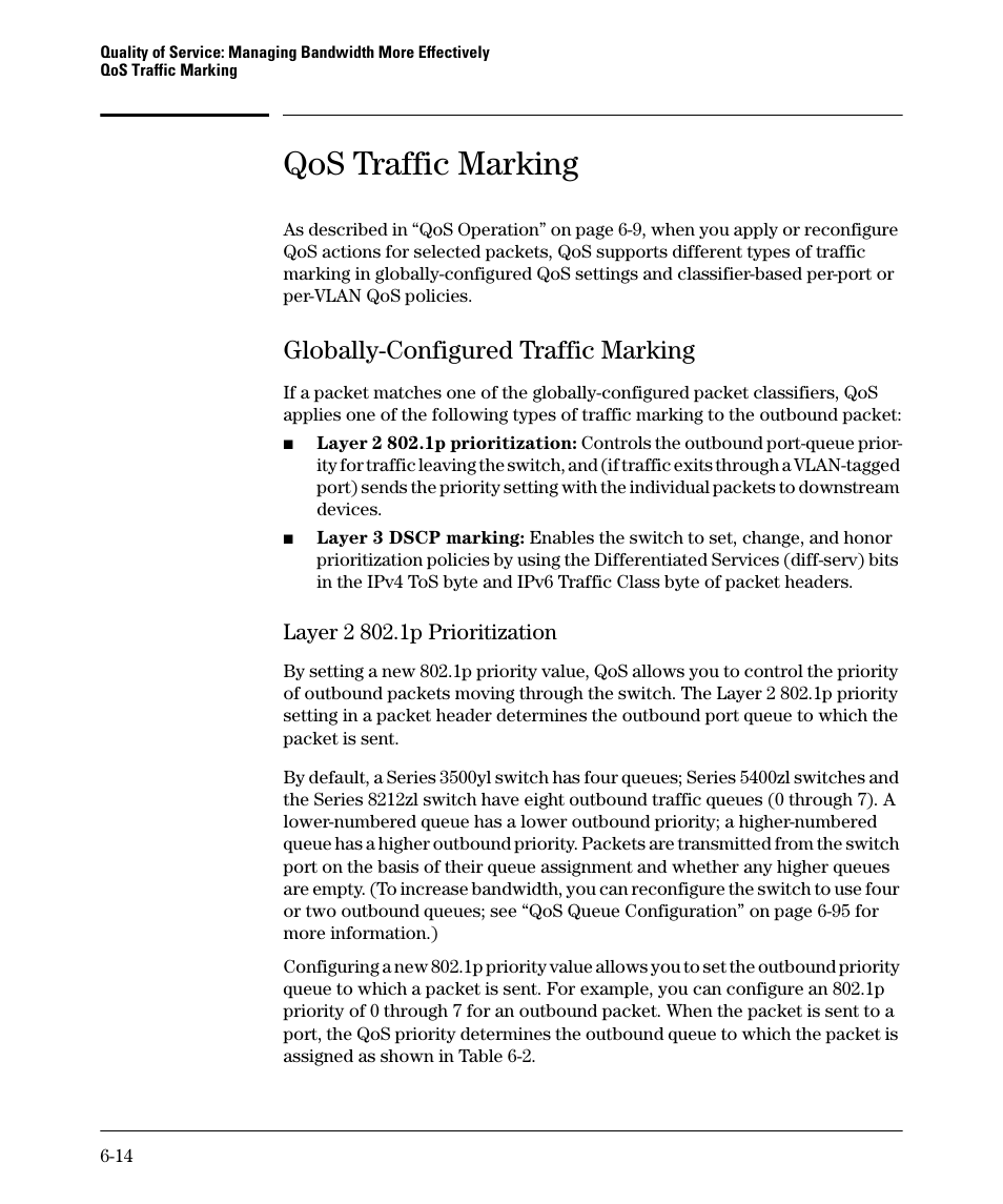 Qos traffic marking, Globally-configured traffic marking, Layer 2 802.1p prioritization | Globally-configured traffic marking -14, Layer 2 802.1p prioritization -14 | HP 5400ZL User Manual | Page 236 / 450