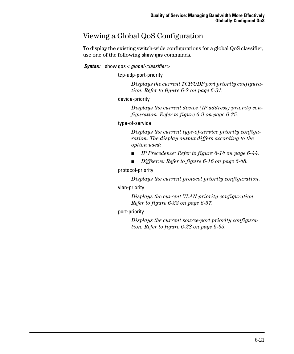 Viewing a global qos configuration, Viewing a global qos configuration -21 | HP 5400ZL User Manual | Page 243 / 450