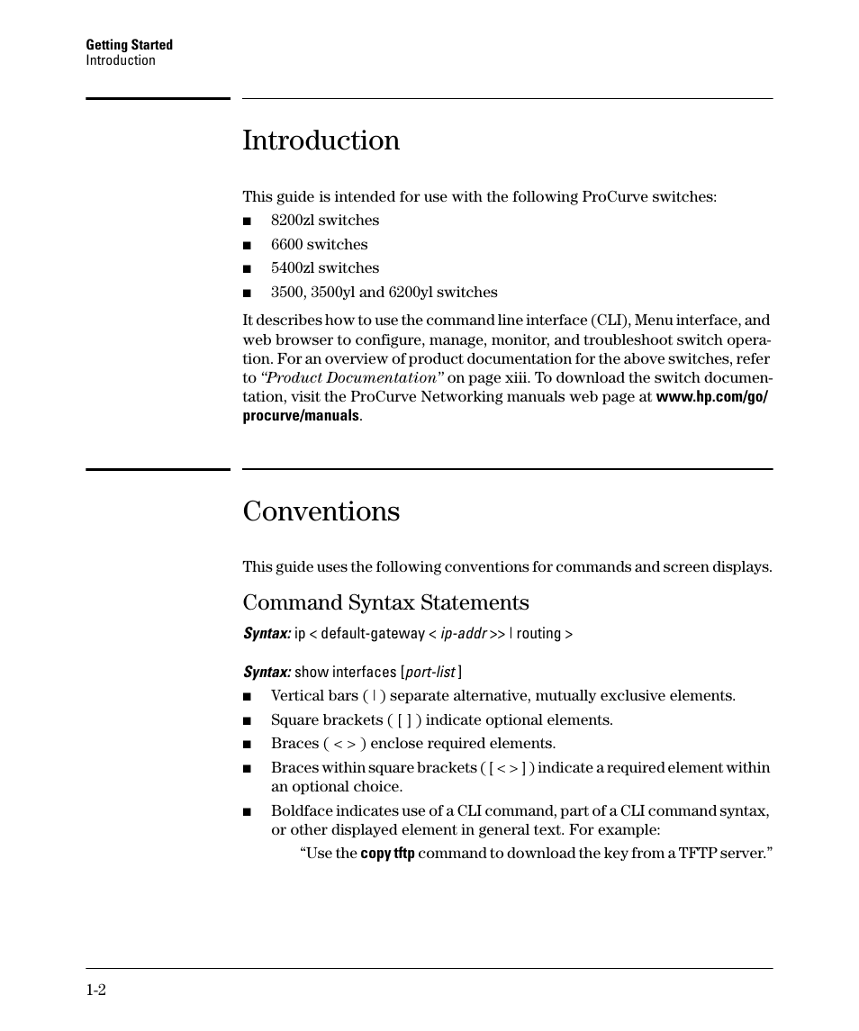Introduction, Conventions, Command syntax statements | Command syntax statements -2 | HP 5400ZL User Manual | Page 26 / 450