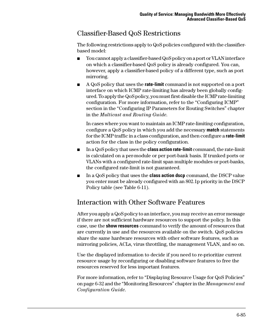 Classifier-based qos restrictions, Interaction with other software features, Classifier-based qos restrictions -85 | Interaction with other software features -85 | HP 5400ZL User Manual | Page 307 / 450