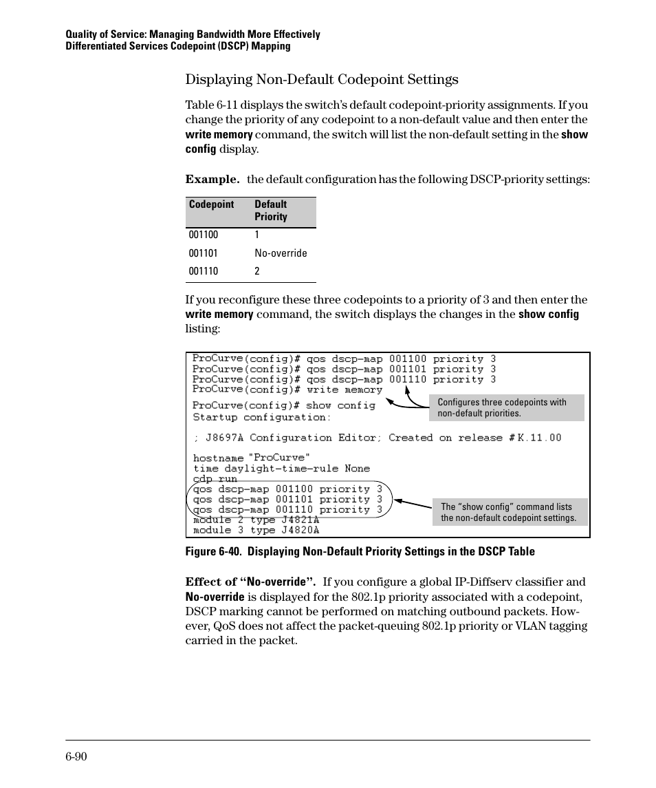 Displaying non-default codepoint settings, Displaying non-default codepoint settings -90 | HP 5400ZL User Manual | Page 312 / 450