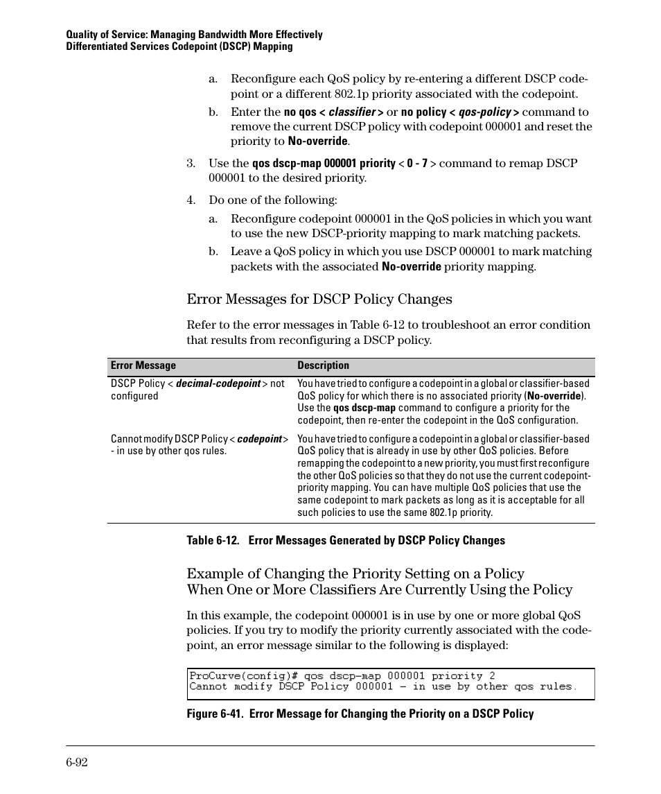 Error messages for dscp policy changes, Error messages for dscp policy changes -92 | HP 5400ZL User Manual | Page 314 / 450