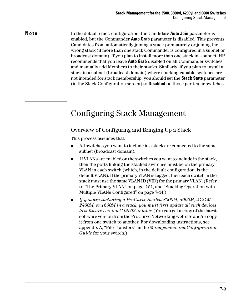 Configuring stack management, Overview of configuring and bringing up a stack, Overview of configuring and bringing up a stack -9 | HP 5400ZL User Manual | Page 329 / 450