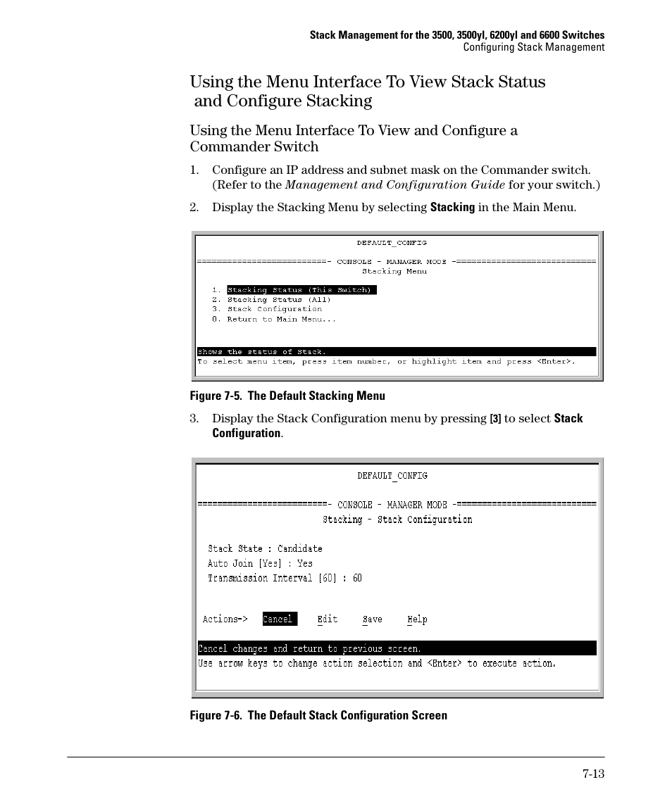 Using the menu interface to view stack status, Using the menu interface to view and configure a, And configure stacking -13 | Commander switch -13, 13 through 7-3 | HP 5400ZL User Manual | Page 333 / 450