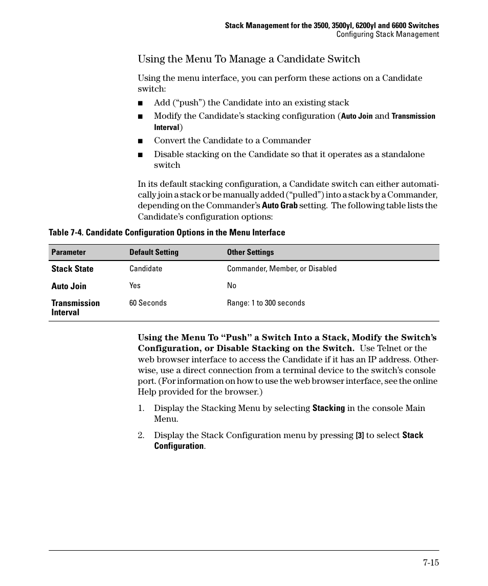 Using the menu to manage a candidate switch, Using the menu to manage a candidate switch -15 | HP 5400ZL User Manual | Page 335 / 450