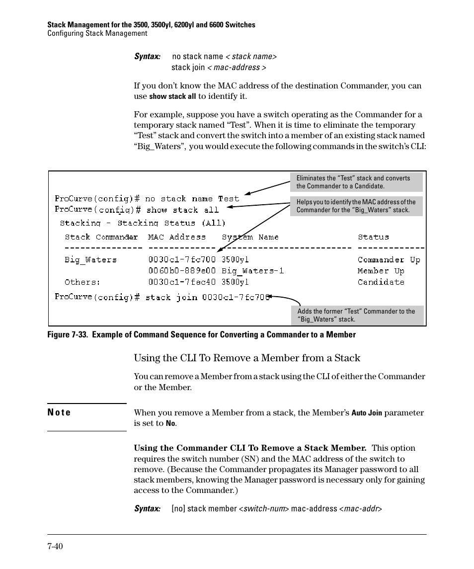 Using the cli to remove a member from a stack, Using the cli to remove a member from a stack -40 | HP 5400ZL User Manual | Page 360 / 450