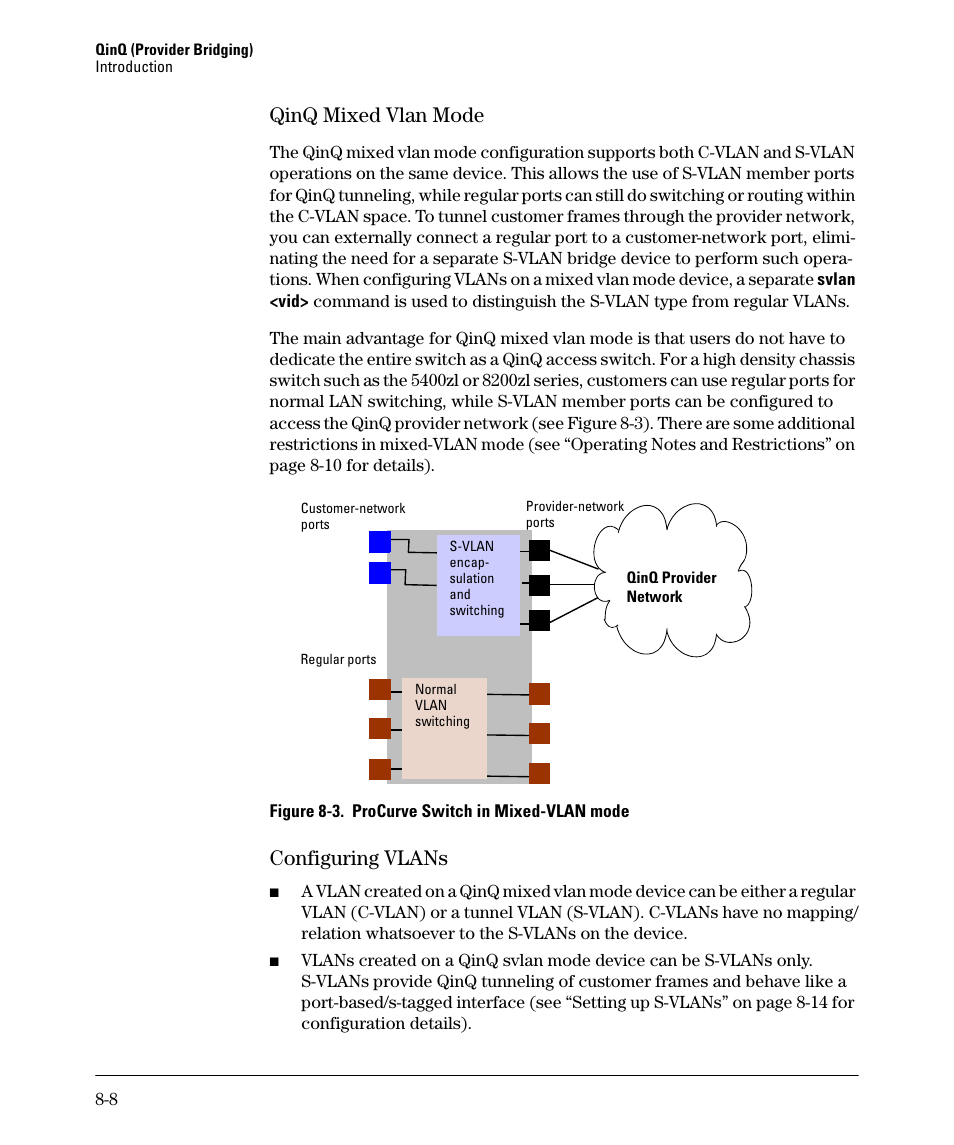 Qinq mixed vlan mode, Configuring vlans, Qinq mixed vlan mode -8 | Configuring vlans -8 | HP 5400ZL User Manual | Page 374 / 450