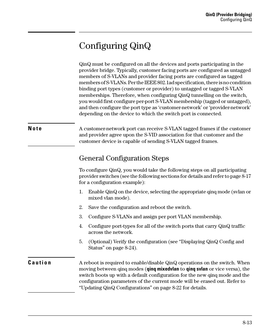 Configuring qinq, General configuration steps, General configuration steps -13 | HP 5400ZL User Manual | Page 379 / 450