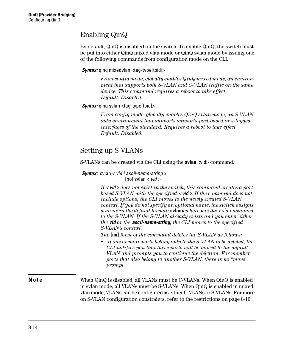 Enabling qinq, Setting up s-vlans, Enabling qinq -14 | Setting up s-vlans -14 | HP 5400ZL User Manual | Page 380 / 450
