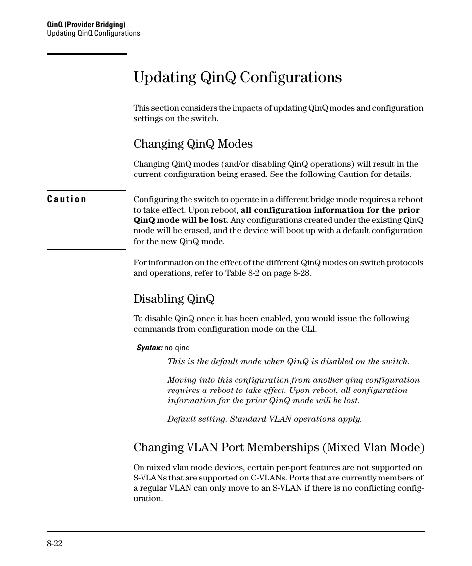 Updating qinq configurations, Changing qinq modes, Disabling qinq | Changing vlan port memberships (mixed vlan mode), Changing qinq modes -22, Disabling qinq -22 | HP 5400ZL User Manual | Page 388 / 450