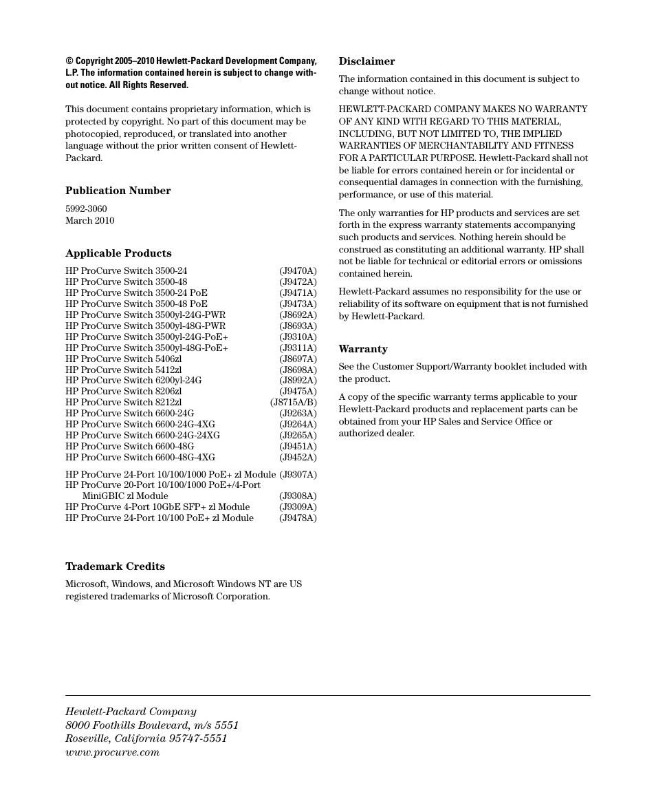Copyright, notices, & publication data | HP 5400ZL User Manual | Page 4 / 450