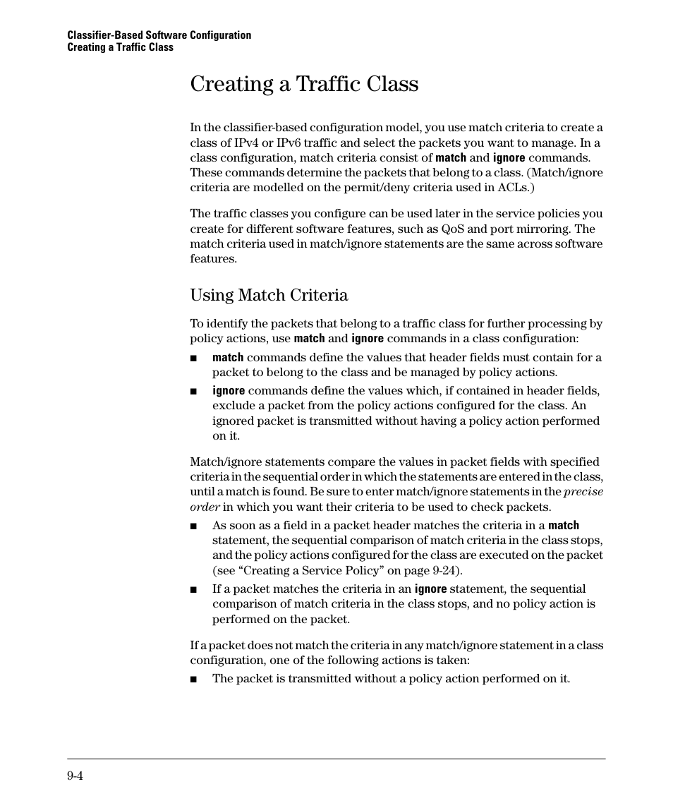 Creating a traffic class, Using match criteria, Using match criteria -4 | HP 5400ZL User Manual | Page 406 / 450