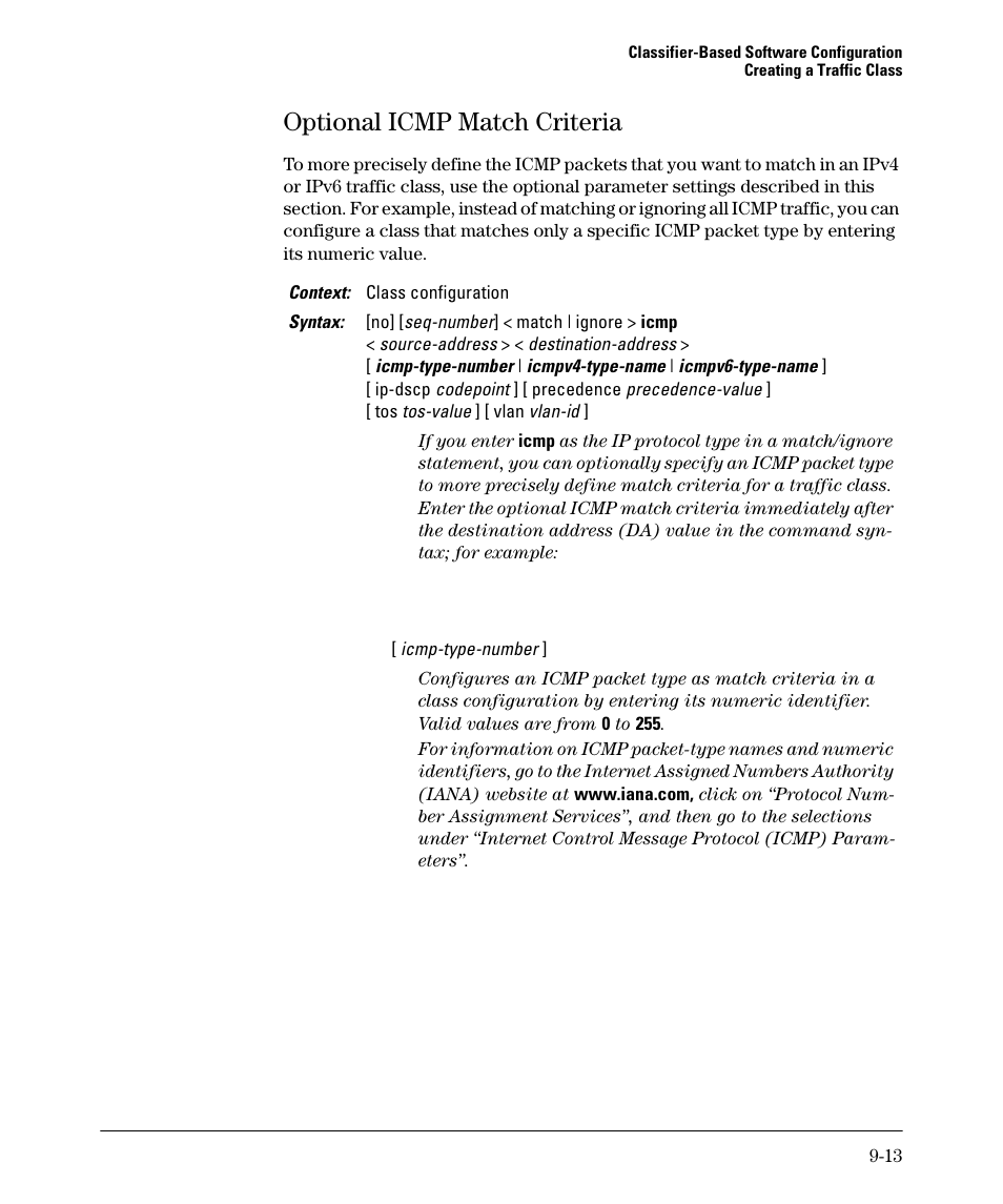 Optional icmp match criteria, Optional icmp match criteria -13 | HP 5400ZL User Manual | Page 415 / 450