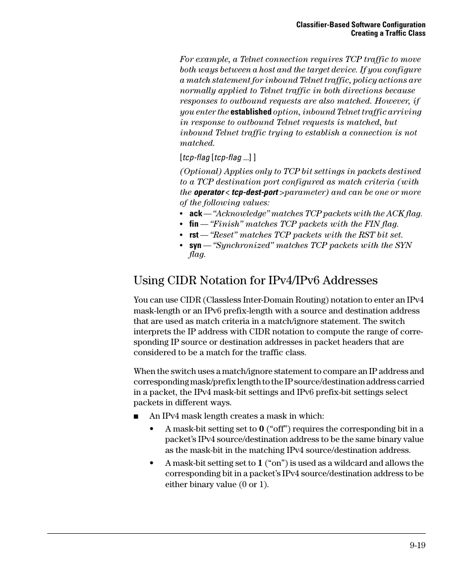 Using cidr notation for ipv4/ipv6 addresses, Using cidr notation for ipv4/ipv6 addresses -19 | HP 5400ZL User Manual | Page 421 / 450