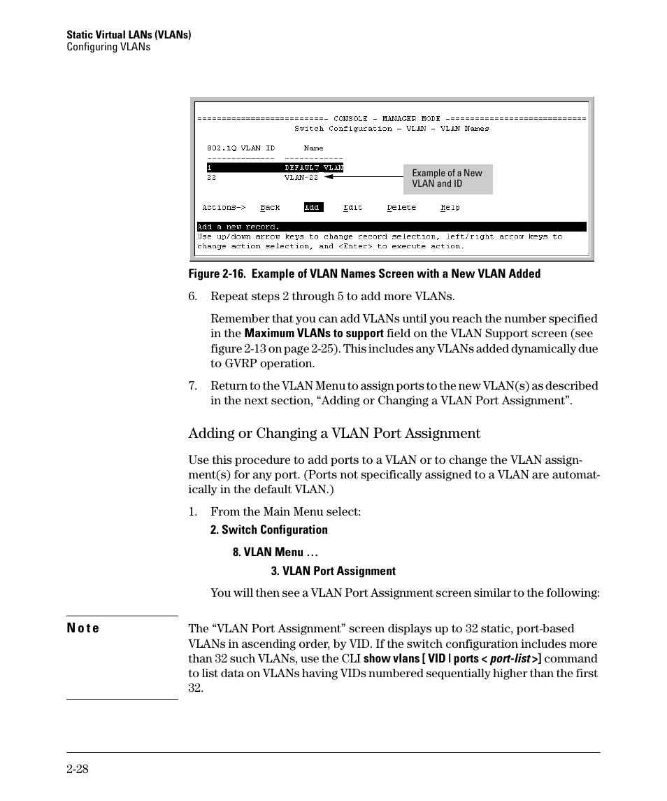 Adding or changing a vlan port assignment, Adding or changing a vlan port assignment -28 | HP 5400ZL User Manual | Page 60 / 450