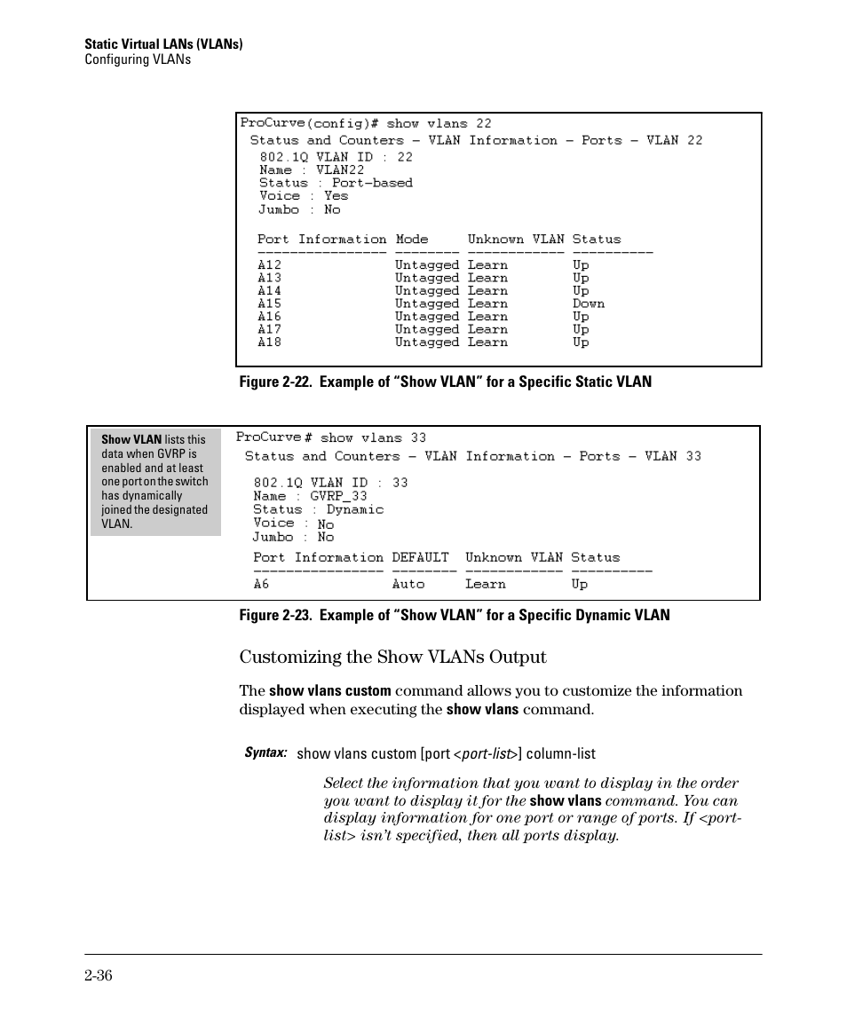 Customizing the show vlans output, Customizing the show vlans output -36 | HP 5400ZL User Manual | Page 68 / 450