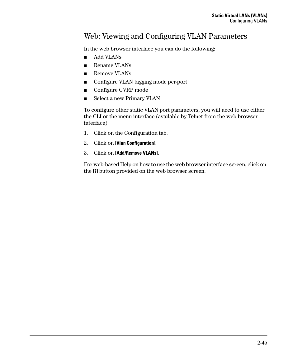 Web: viewing and configuring vlan parameters, Web: viewing and configuring vlan parameters -45 | HP 5400ZL User Manual | Page 77 / 450