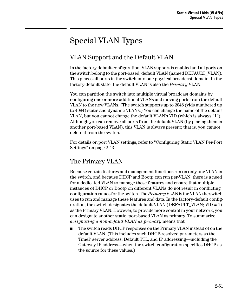 Special vlan types, Vlan support and the default vlan, The primary vlan | Vlan support and the default vlan -51, The primary vlan -51, Ge 2­ 51, Ge 2-51) | HP 5400ZL User Manual | Page 83 / 450