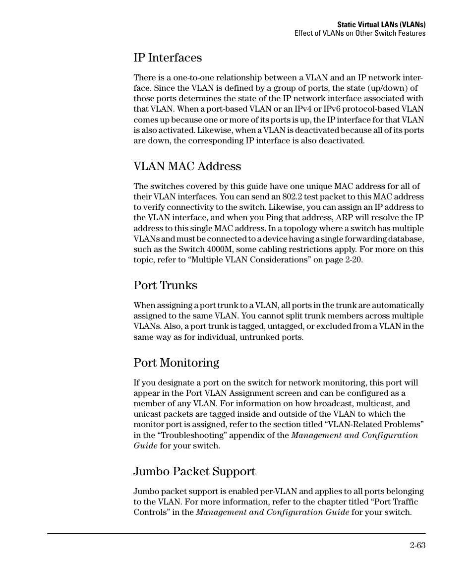 Ip interfaces, Vlan mac address, Port trunks | Port monitoring, Jumbo packet support, Ip interfaces -63, Vlan mac address -63, Port trunks -63, Port monitoring -63, Jumbo packet support -63 | HP 5400ZL User Manual | Page 95 / 450
