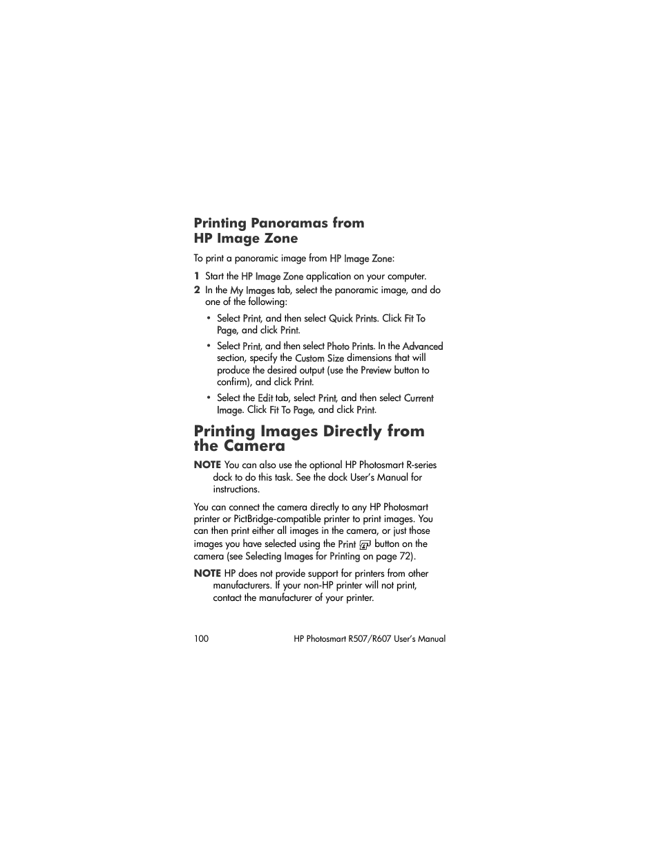 Printing panoramas from hp image zone, Printing images directly from the camera | HP R507 User Manual | Page 100 / 179