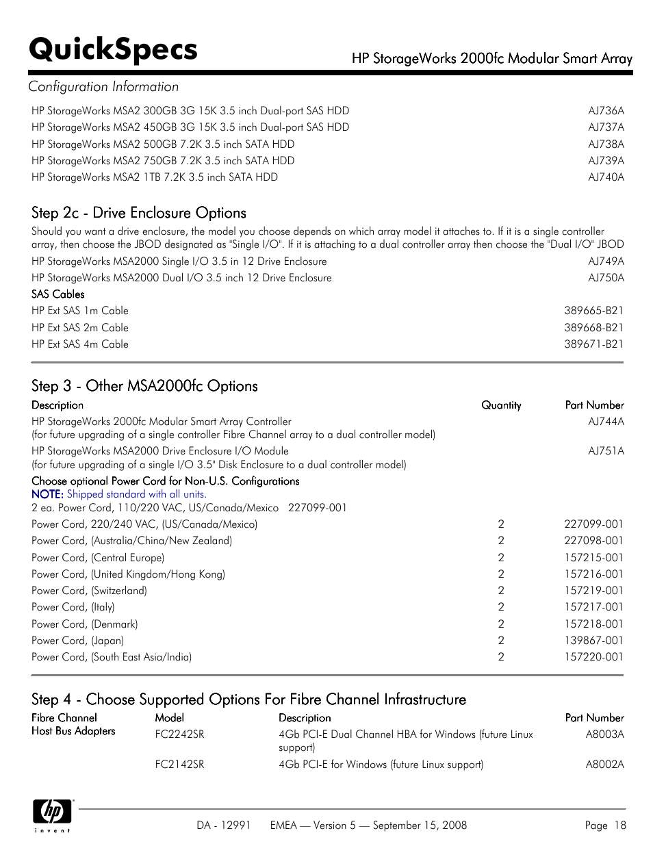 Quickspecs, Step 2c - drive enclosure options, Hp storageworks 2000fc modular smart array | HP 2000fc User Manual | Page 18 / 23