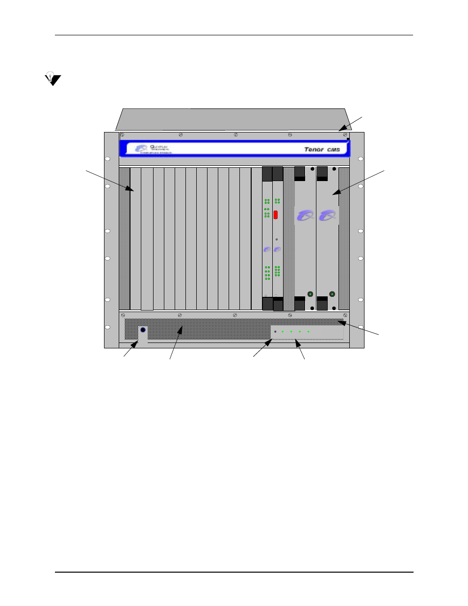 Front (with dc power), Front (with dc power) -5, Figure 2-3 tenor cms front view - dc unit | Air inlet reset button chassis leds, Ground strap socket, System fans power supplies card slots air filter | HP 480-0005-00-15 User Manual | Page 29 / 185