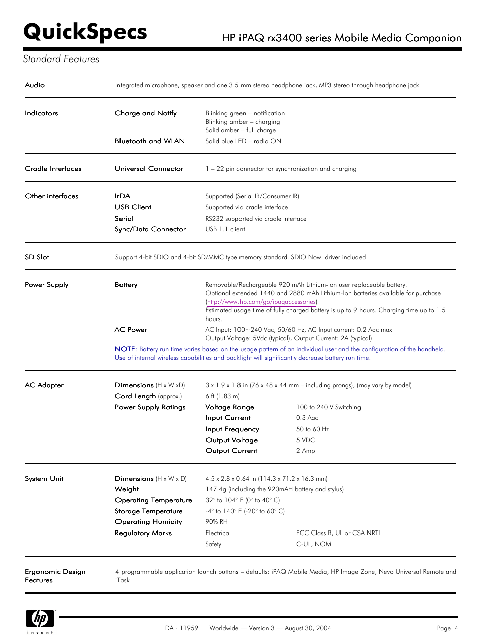 Quickspecs, Hp ipaq rx3400 series mobile media companion | HP RX3400 User Manual | Page 4 / 10