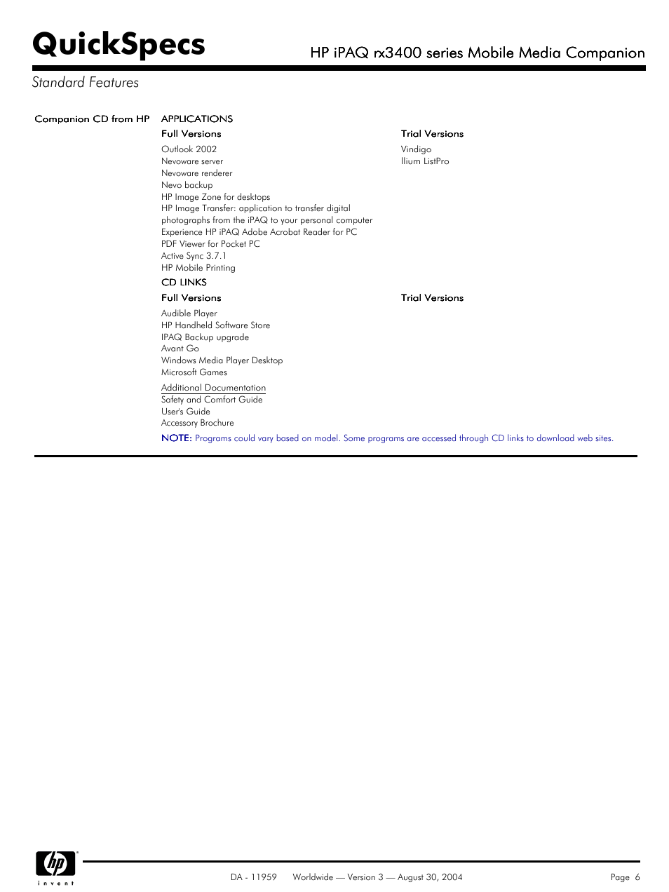 Quickspecs, Hp ipaq rx3400 series mobile media companion | HP RX3400 User Manual | Page 6 / 10