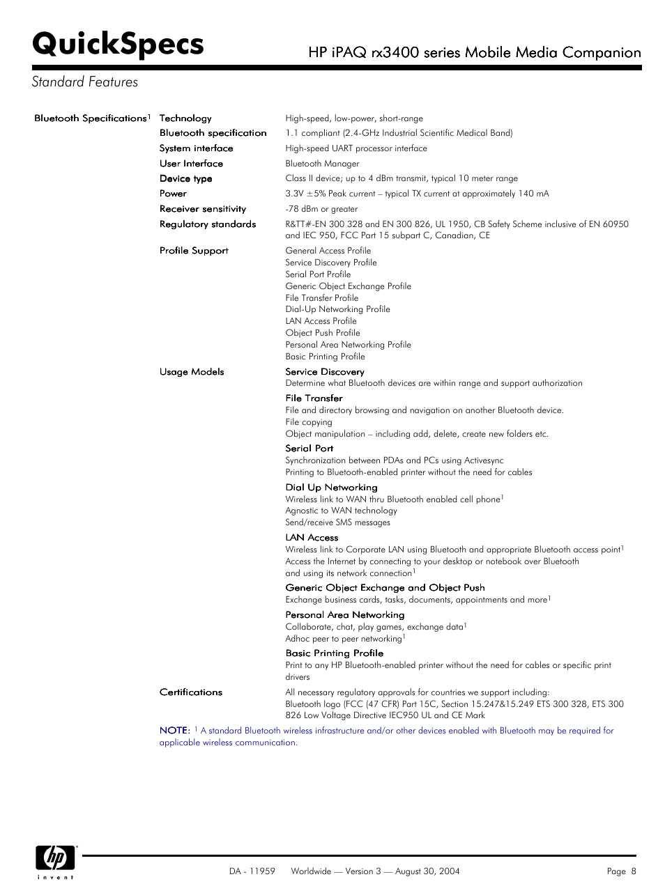 Quickspecs, Hp ipaq rx3400 series mobile media companion | HP RX3400 User Manual | Page 8 / 10