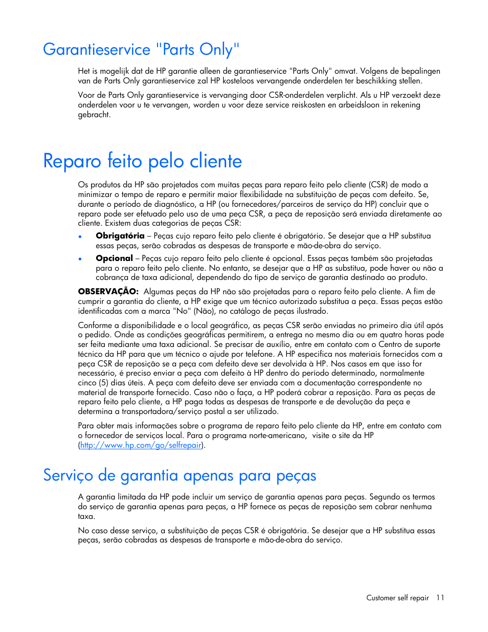 Reparo feito pelo cliente, Garantieservice "parts only, Serviço de garantia apenas para peças | HP 339820-002 User Manual | Page 11 / 78