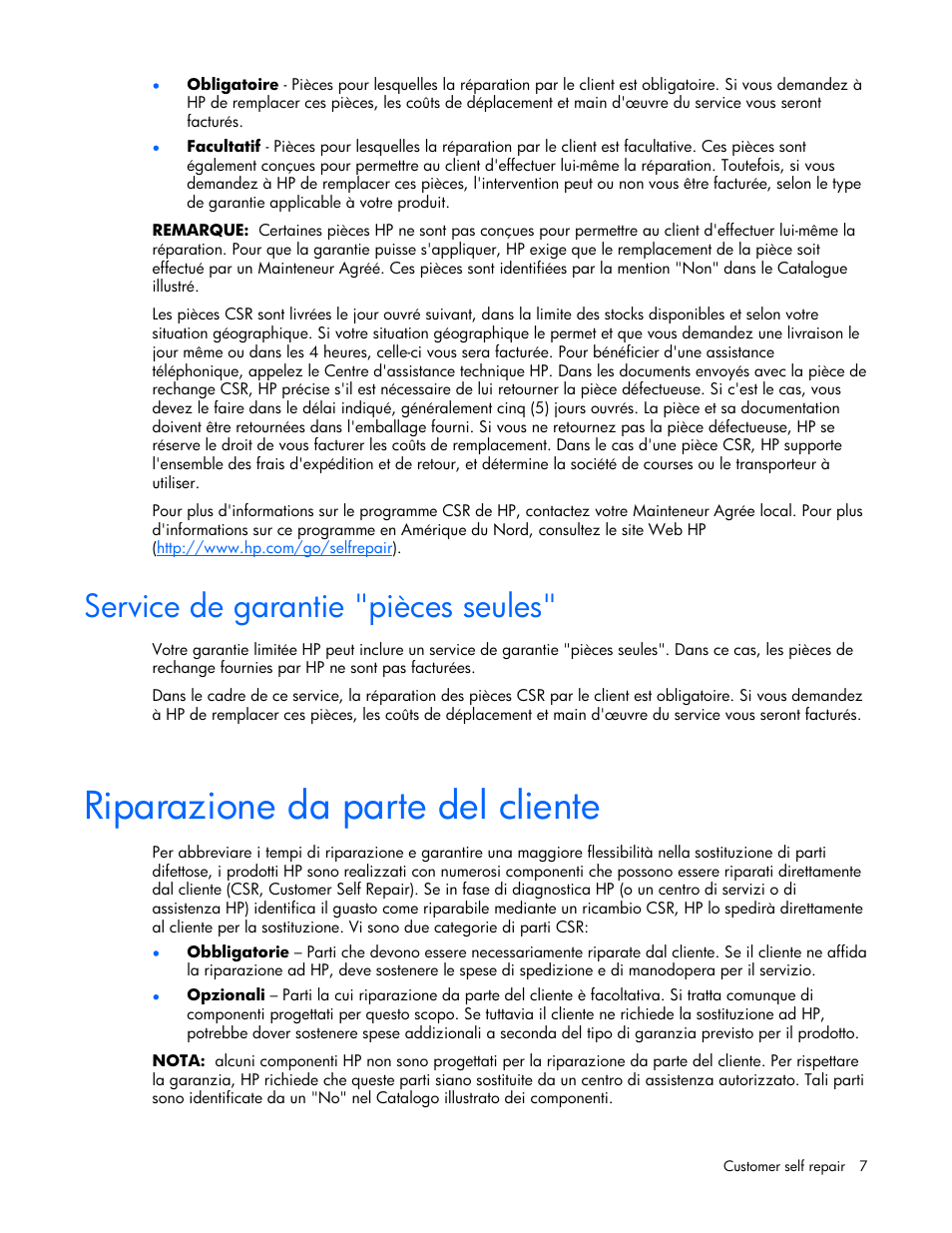 Riparazione da parte del cliente, Service de garantie "pièces seules | HP 339820-002 User Manual | Page 7 / 78