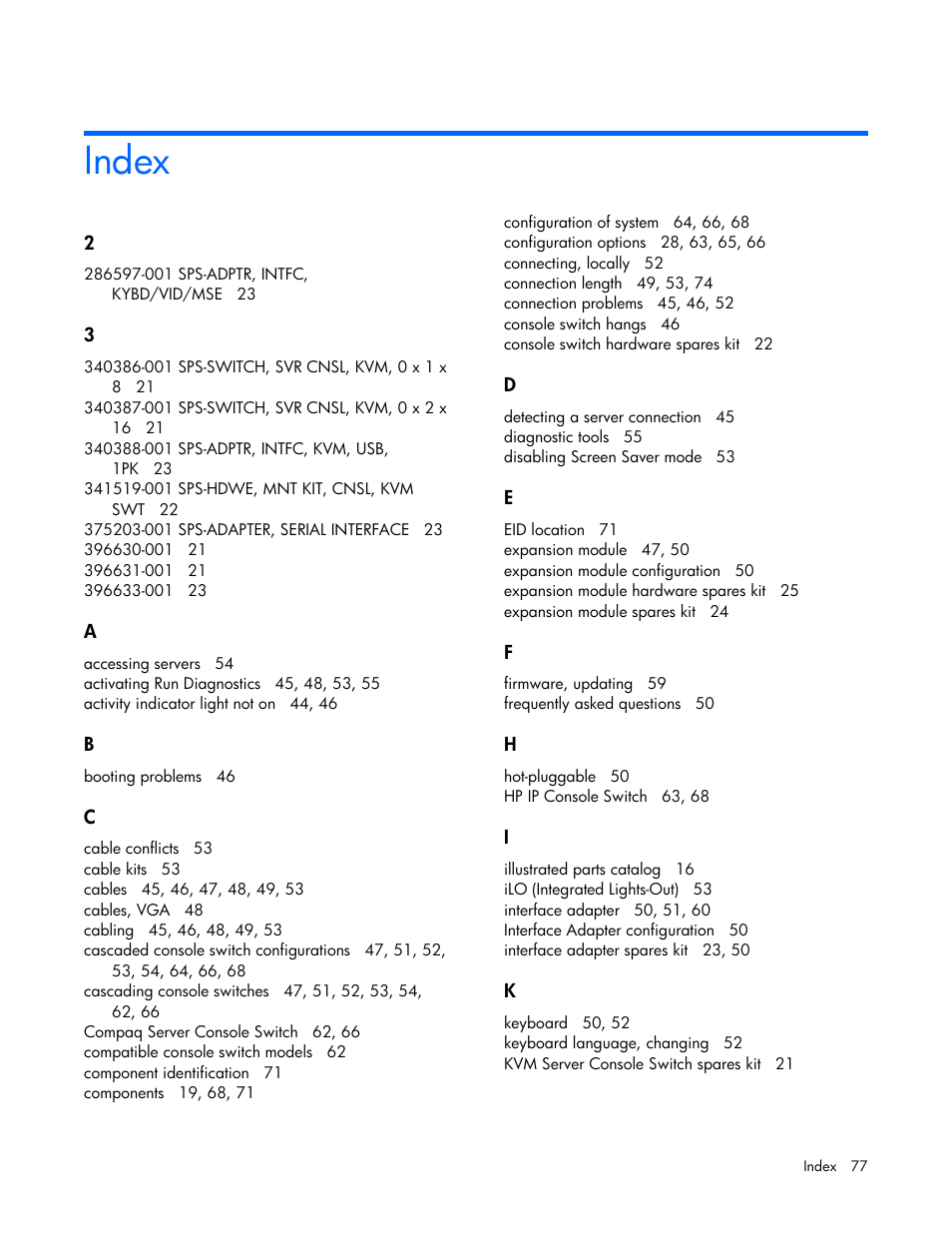 Index | HP 339820-002 User Manual | Page 77 / 78