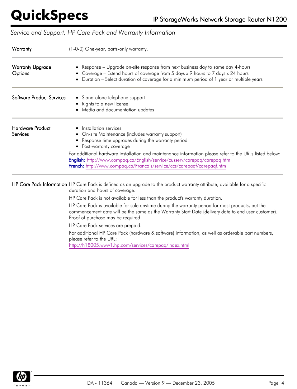 Quickspecs, Hp storageworks network storage router n1200 | HP N1200 User Manual | Page 4 / 6