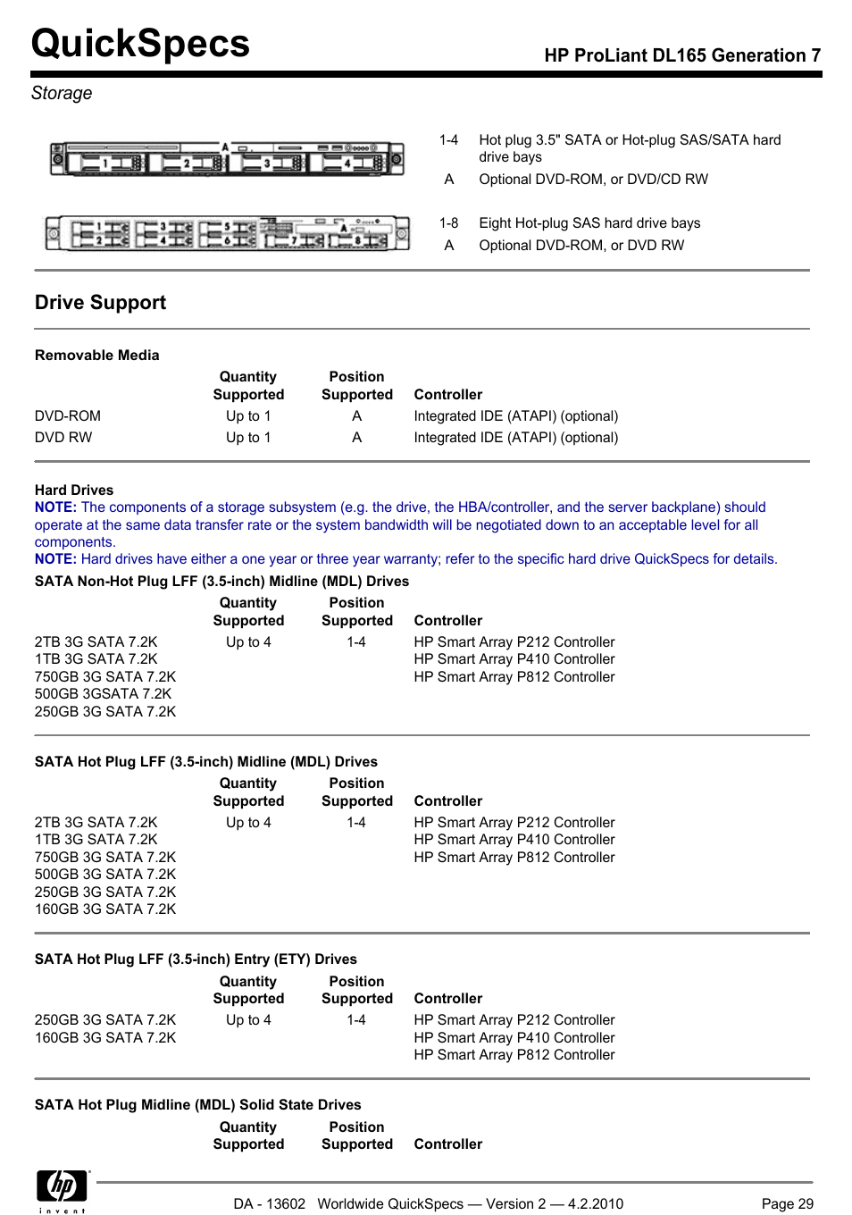 Storage, Quickspecs, Drive support | Hp proliant dl165 generation 7 storage | HP DL165 User Manual | Page 29 / 38