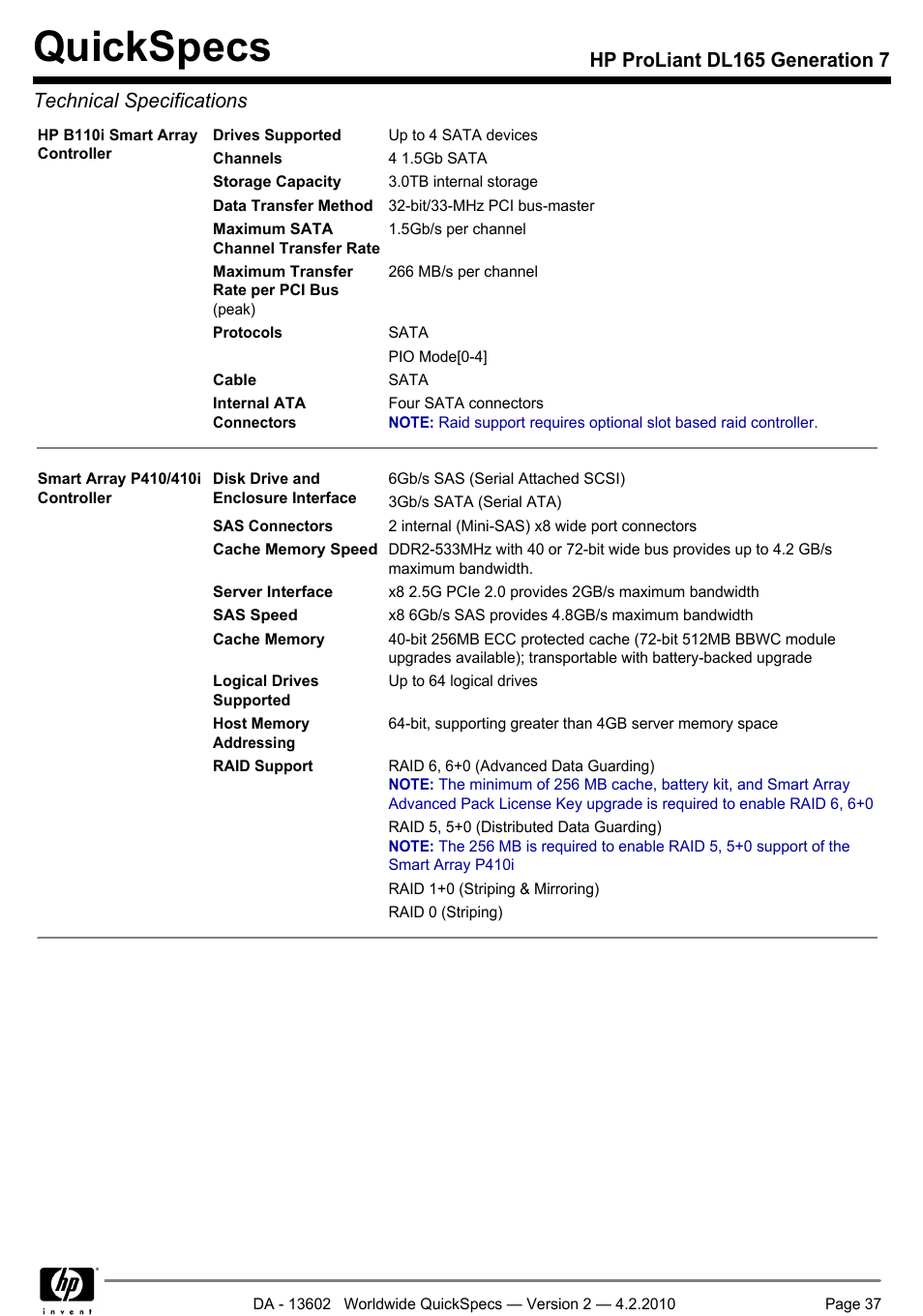 Quickspecs | HP DL165 User Manual | Page 37 / 38