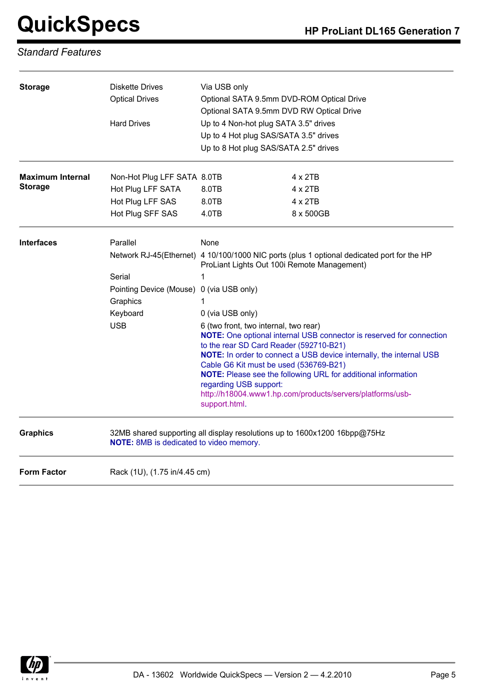 Quickspecs, Hp proliant dl165 generation 7 standard features | HP DL165 User Manual | Page 5 / 38