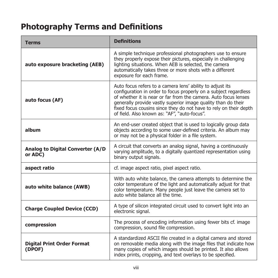 Photography terms and definitions | HP PW550 User Manual | Page 10 / 93