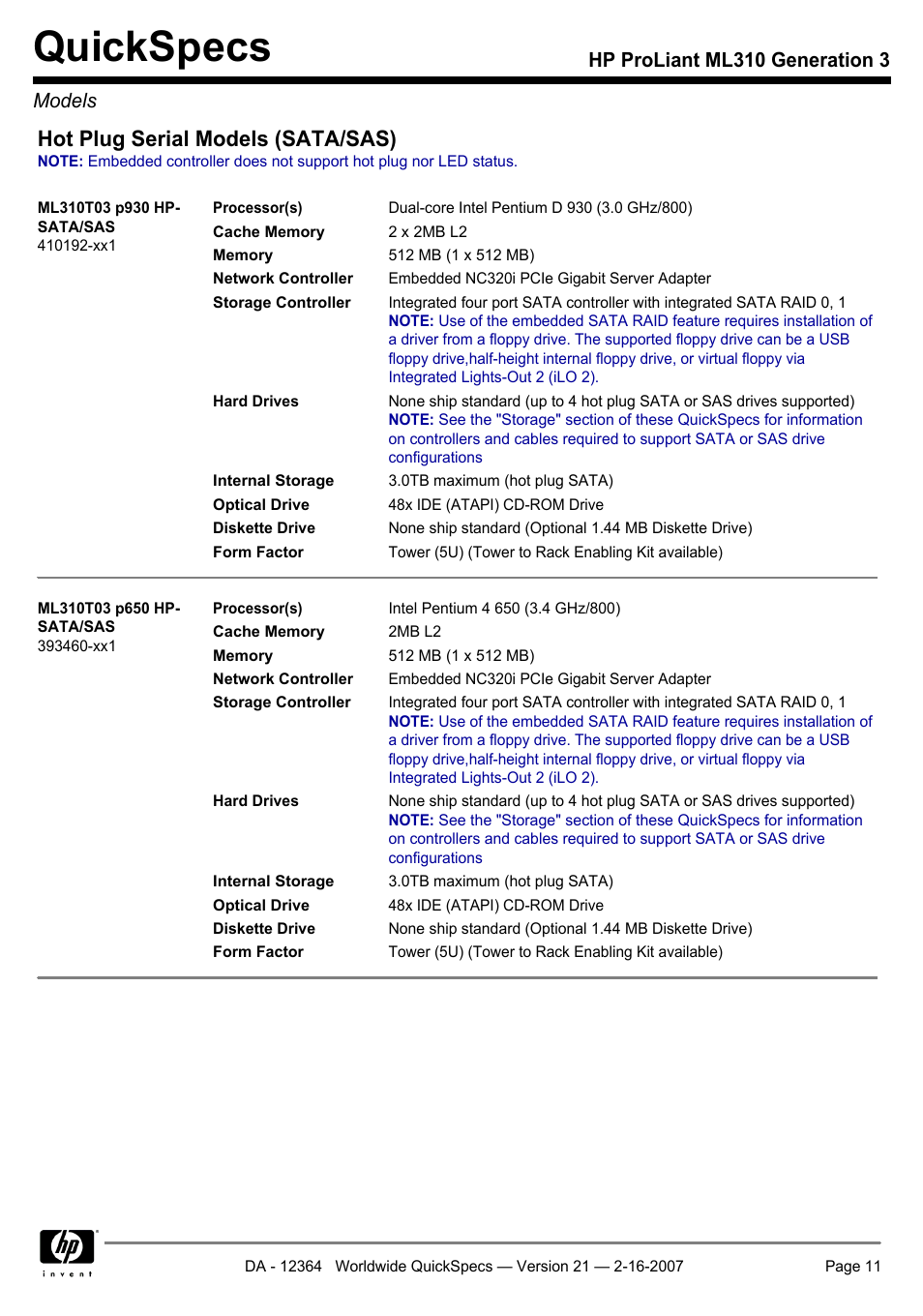 Quickspecs, Hot plug serial models (sata/sas), Hp proliant ml310 generation 3 models | HP ProLiant ML310 User Manual | Page 11 / 29