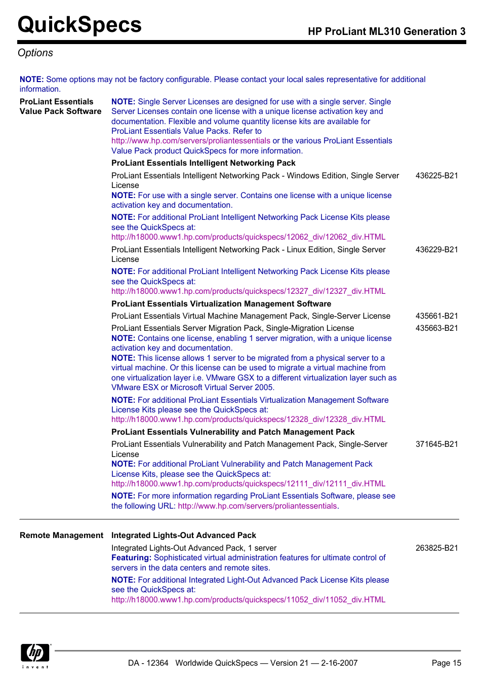 Options, Quickspecs, Hp proliant ml310 generation 3 options | HP ProLiant ML310 User Manual | Page 15 / 29